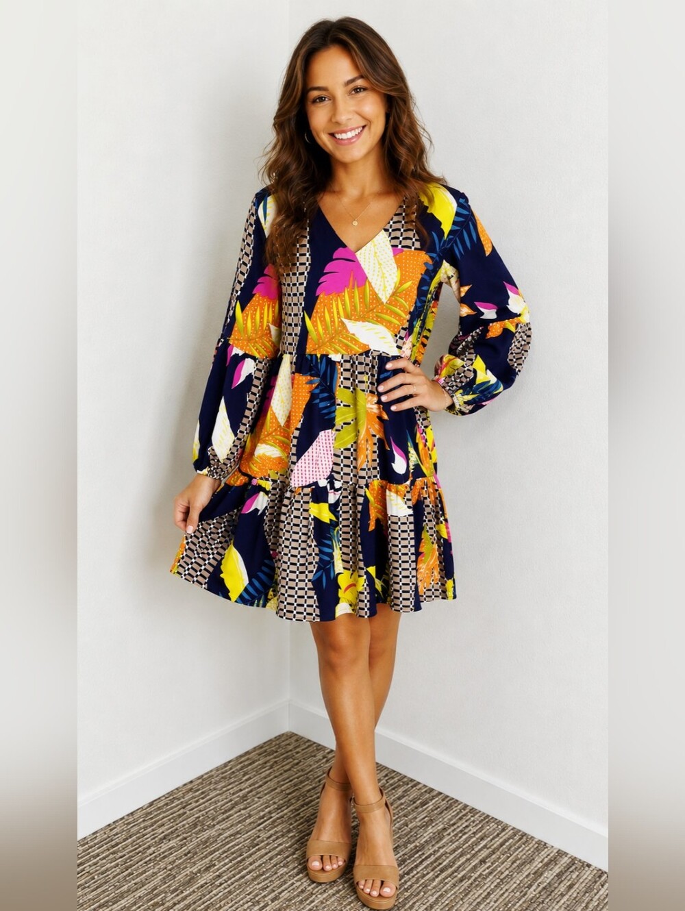 Navy Tropical Print V-Neck Tiered Mini Dress
